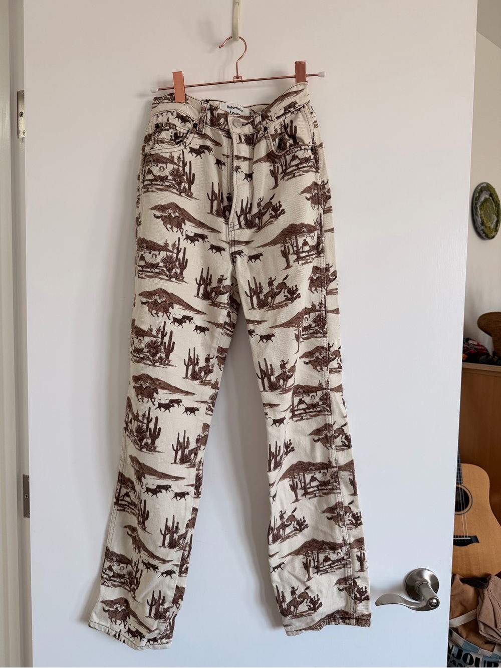 Reformation Cream Jeans with Brown Desert Sand Print